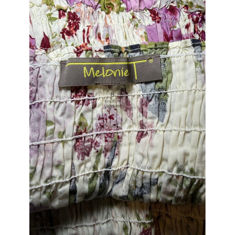 Melonie T Floral Smocked Mini Dress Purple Green Puff Sleeve Pockets Size 8 - Picture 6 of 8